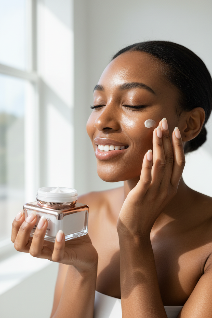 African-American model applying GLOW AGELESS day cream