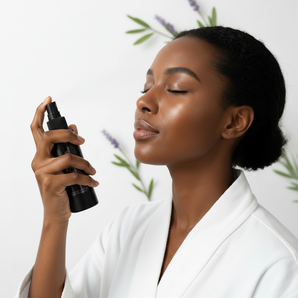African-American model using GLOW AGELESS facial mist