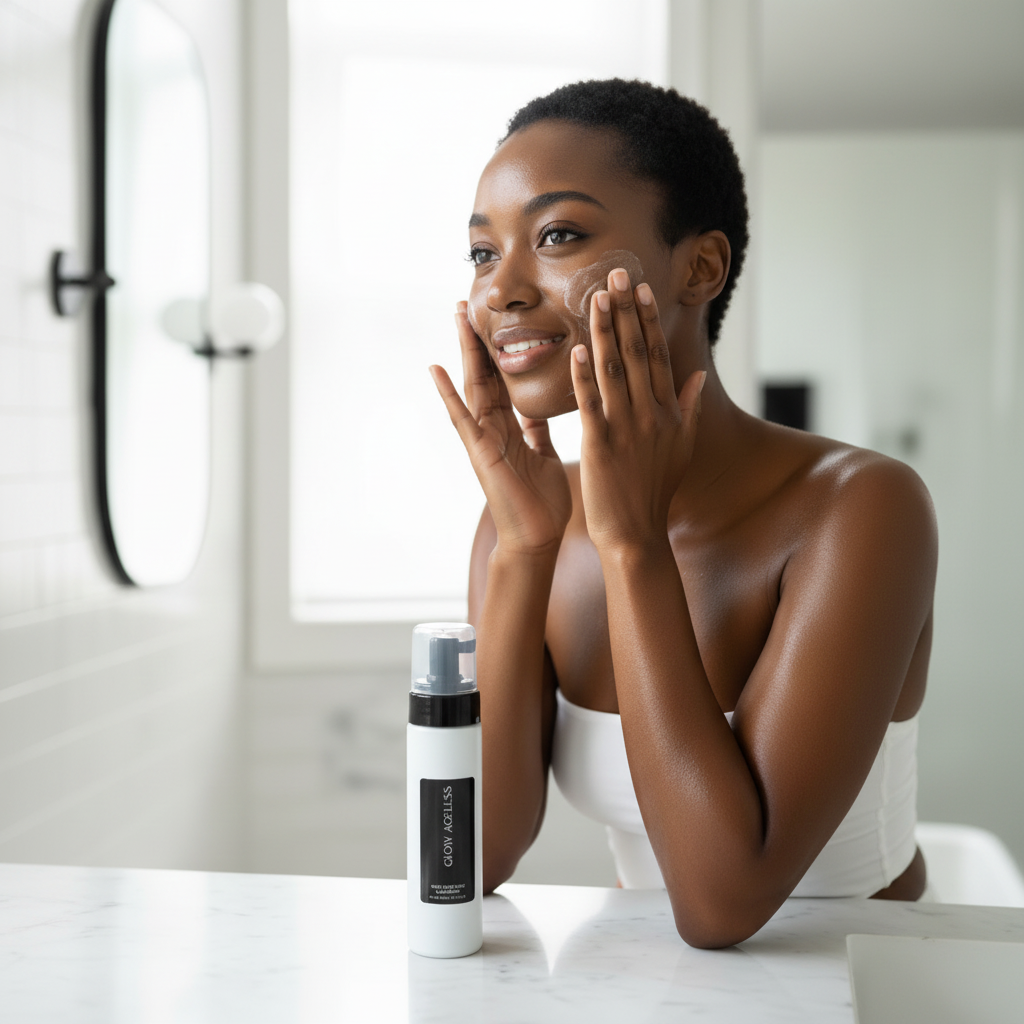 African-American model cleansing with GLOW AGELESS cleanser